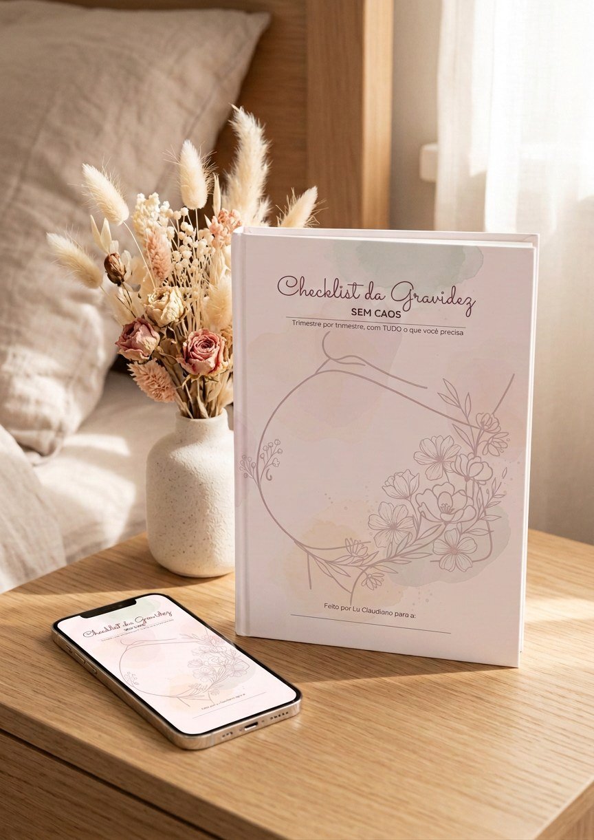 O ebook do Checklist da Gravidez SEM CAOS sobre a mesa de cabeceira, ao lado do celular